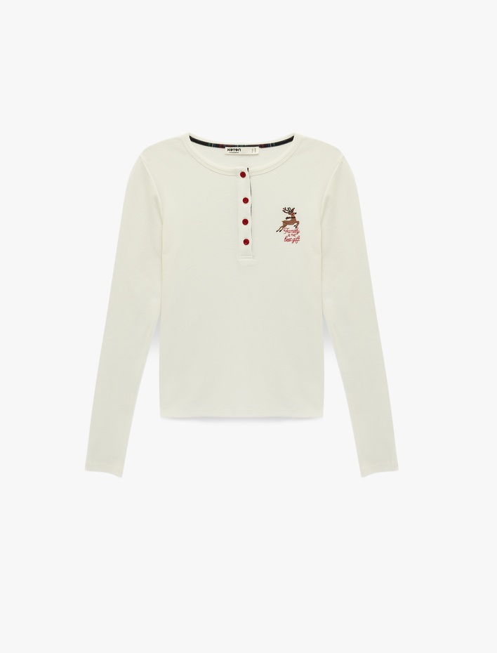  Pamuklu Uzun Kollu Waffle Dokulu Düğmeli Bisiklet Yaka Nakışlı Örme Yılbaşı Pijama Üstü