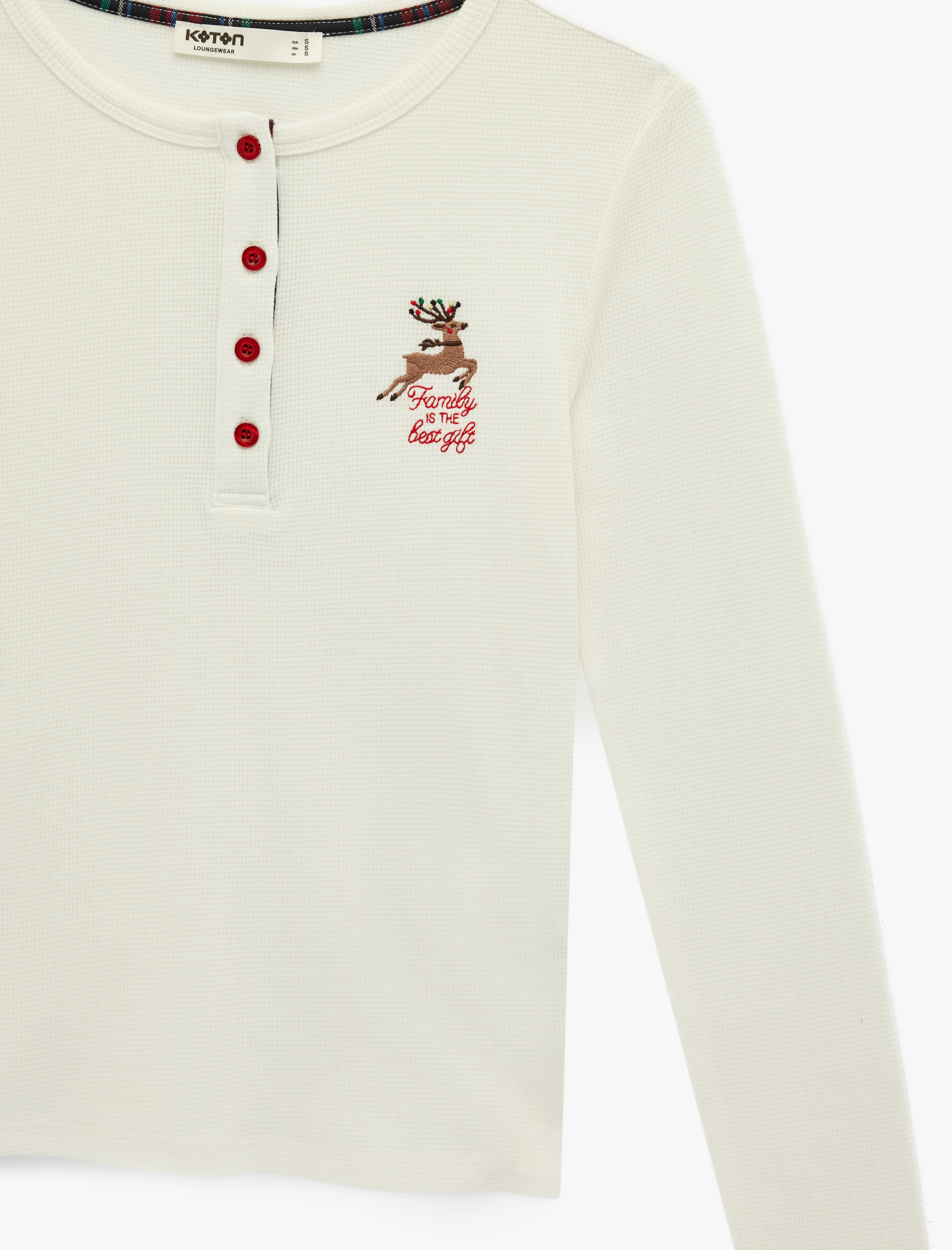   Pamuklu Uzun Kollu Waffle Dokulu Düğmeli Bisiklet Yaka Nakışlı Örme Yılbaşı Pijama Üstü