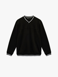 Regular Fit Uzun Kollu Şardonlu Şerit Detaylı V Yaka Sweatshirt