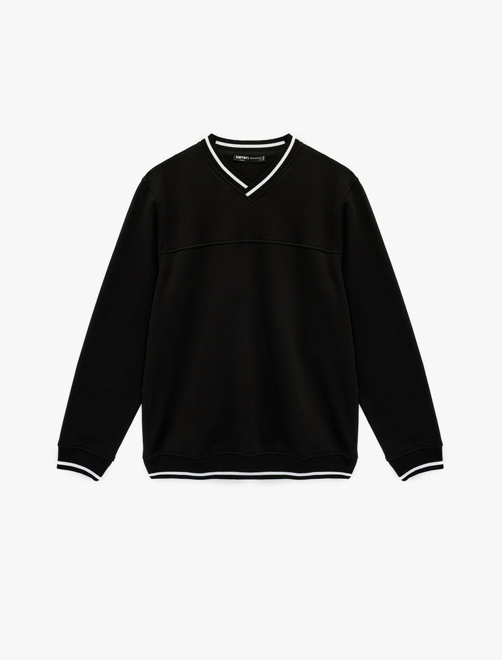  Regular Fit Uzun Kollu Şardonlu Şerit Detaylı V Yaka Sweatshirt