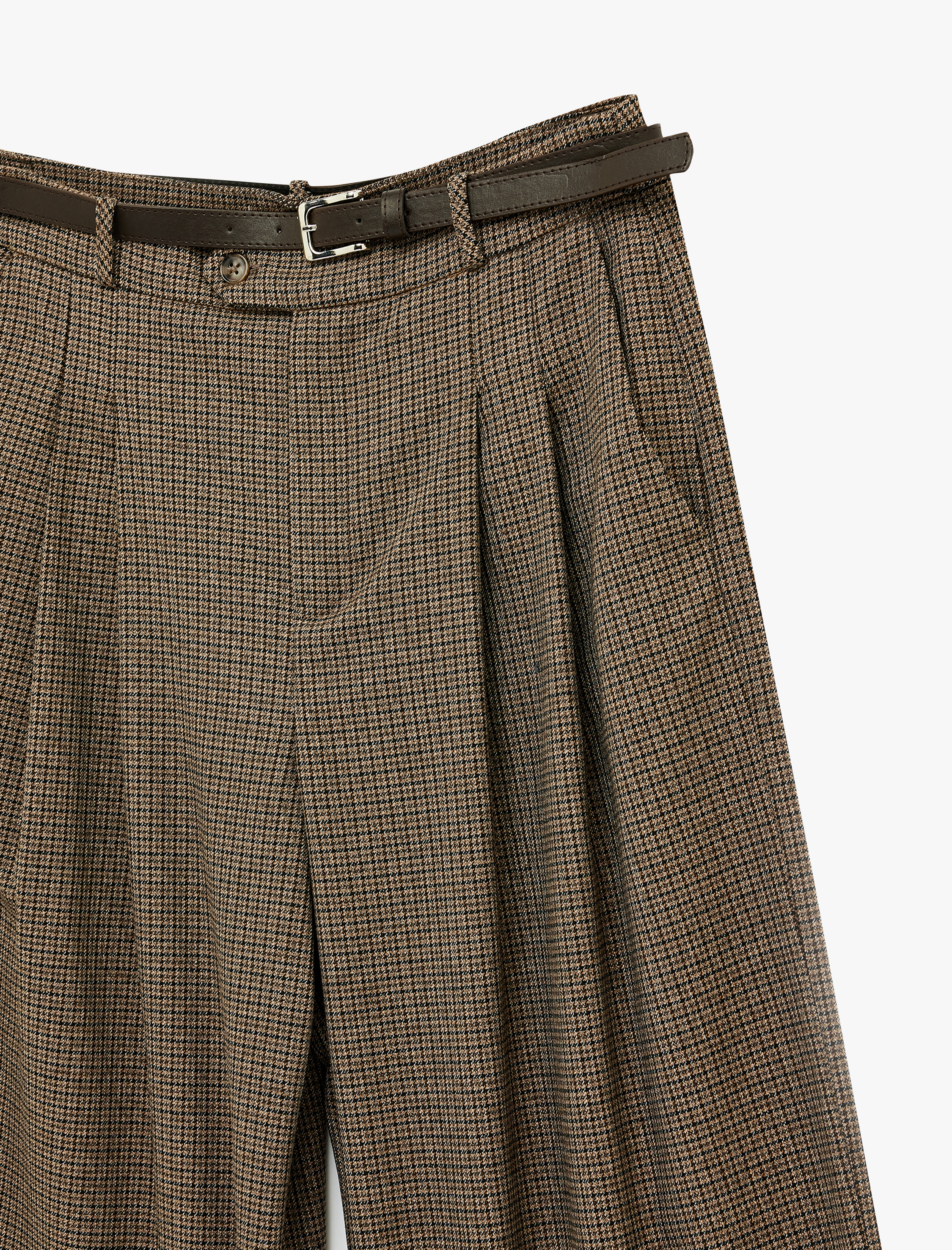   Cepli Pile Detaylı Kemerli Geniş Paça Baggy Kumaş Pantolon