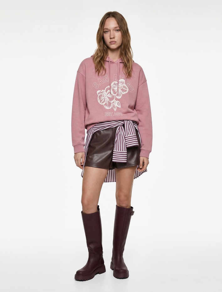  Şardonlu Kapüşonlu Çiçek Baskılı Oversize Sweatshirt