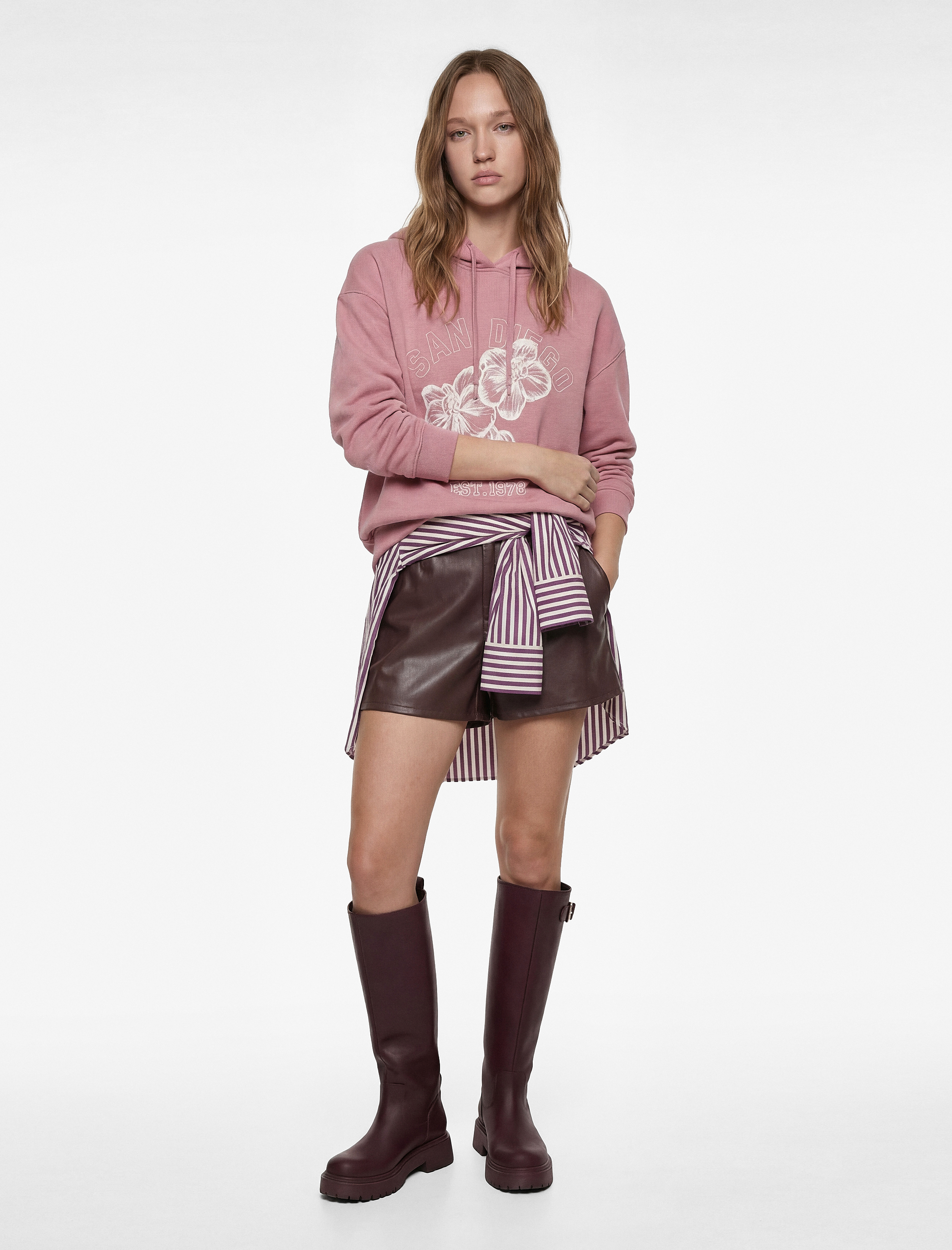   Şardonlu Kapüşonlu Çiçek Baskılı Oversize Sweatshirt