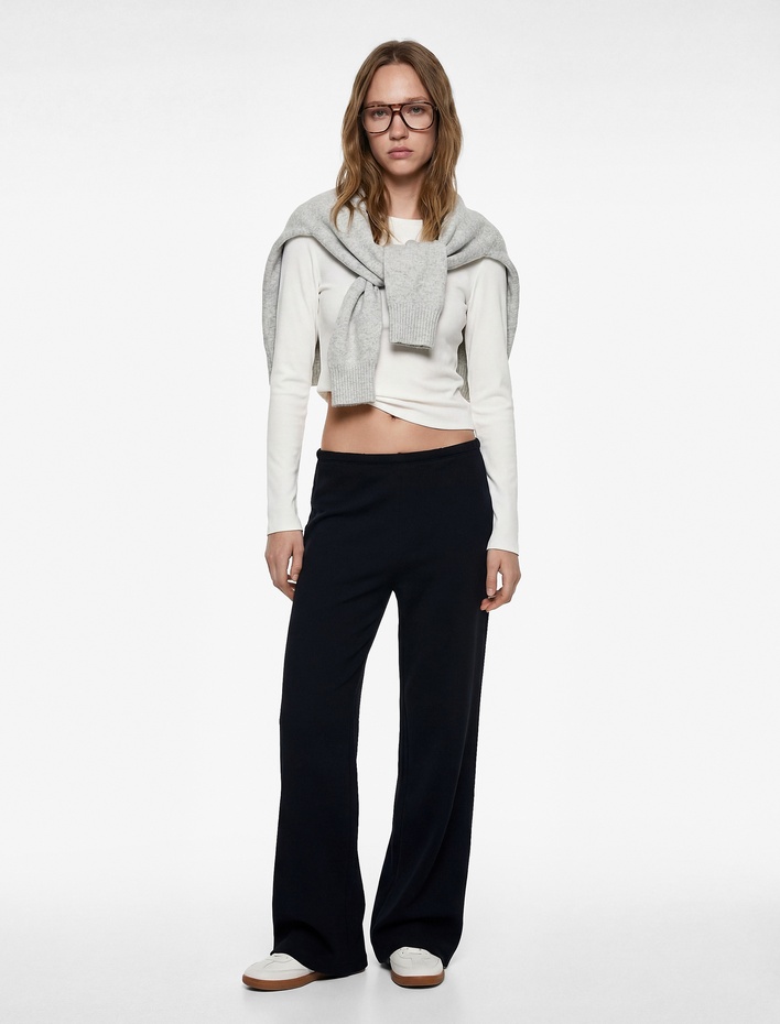  Beli Lastikli Yüksek Bel İspanyol Paça Uzun Eşofman Altı