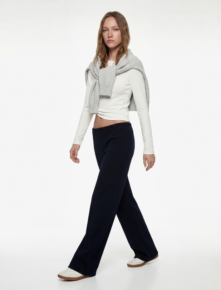  Beli Lastikli Yüksek Bel İspanyol Paça Uzun Eşofman Altı