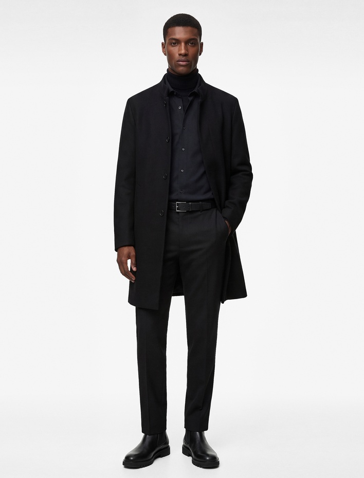  Regular Fit Cepli Düğmeli Uzun Dik Yaka Kaşe Kaban