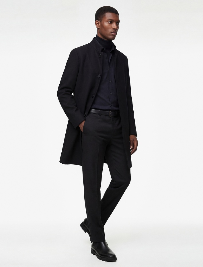  Regular Fit Cepli Düğmeli Uzun Dik Yaka Kaşe Kaban