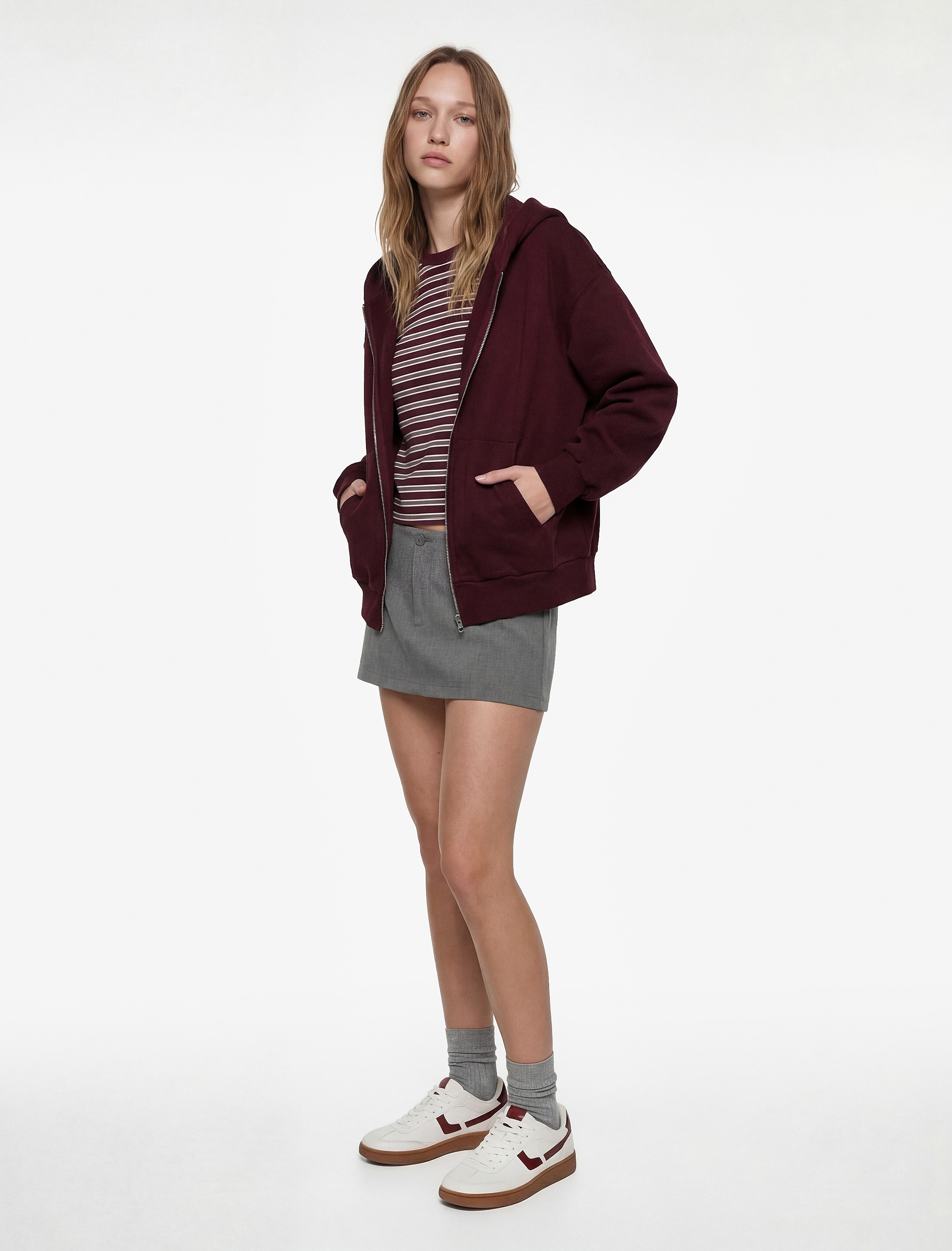   Şardonlu Kapşonlu Uzun Kollu Fermuarlı Sweatshirt