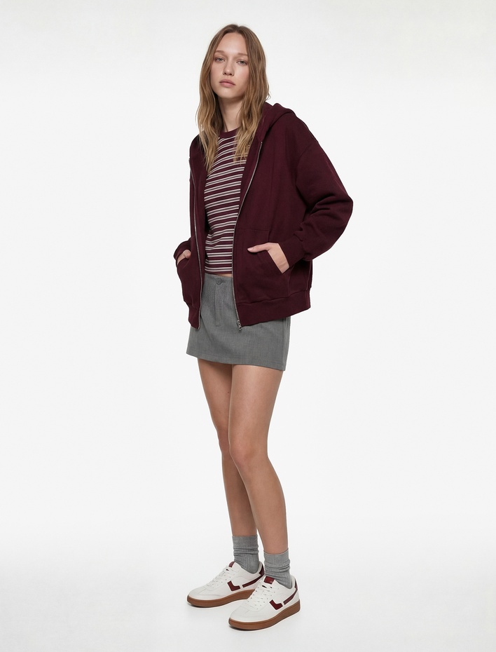  Şardonlu Kapşonlu Uzun Kollu Fermuarlı Sweatshirt