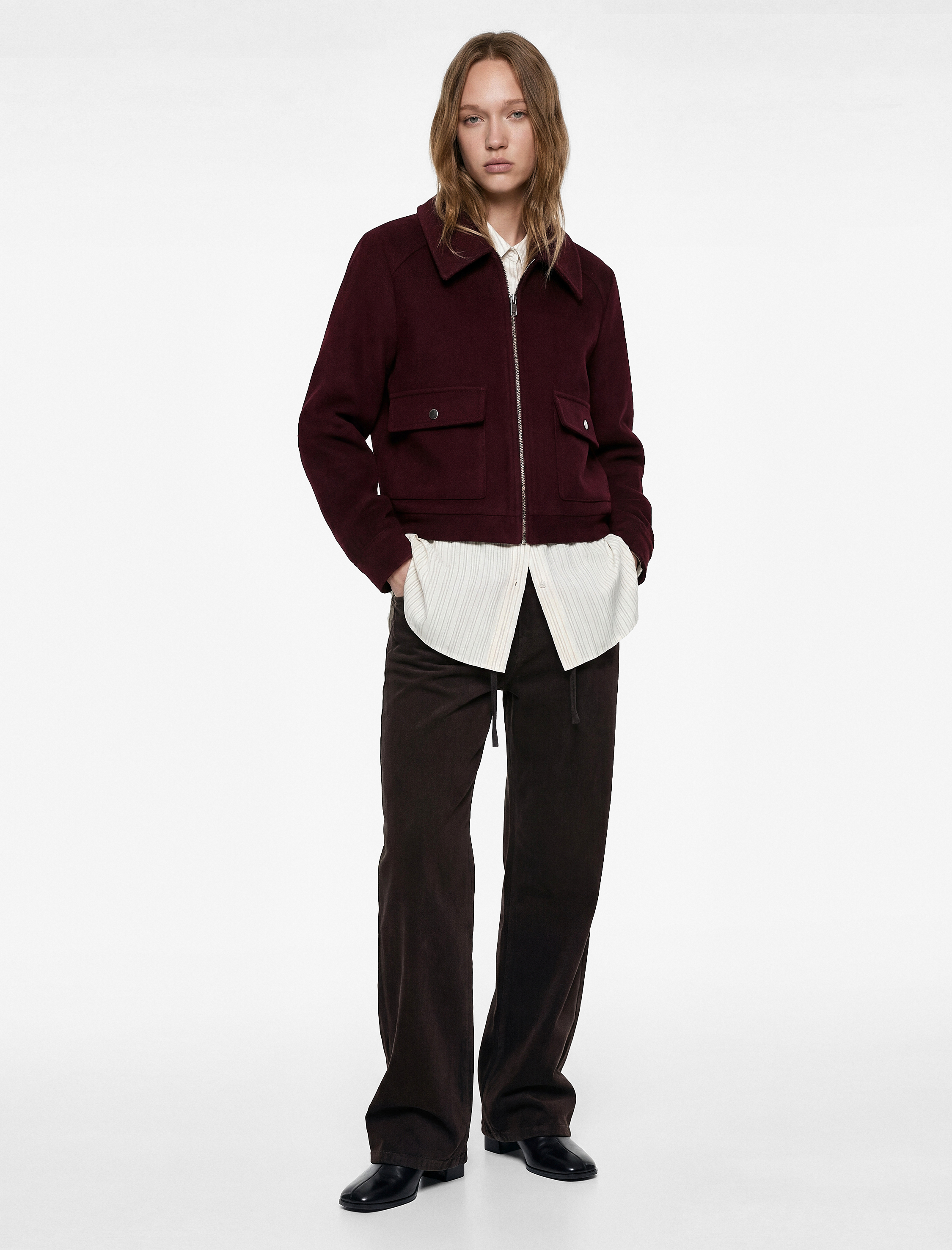   Uzun Kollu Klasik Yaka Cep Detaylı Oversize Fermuarlı Ceket