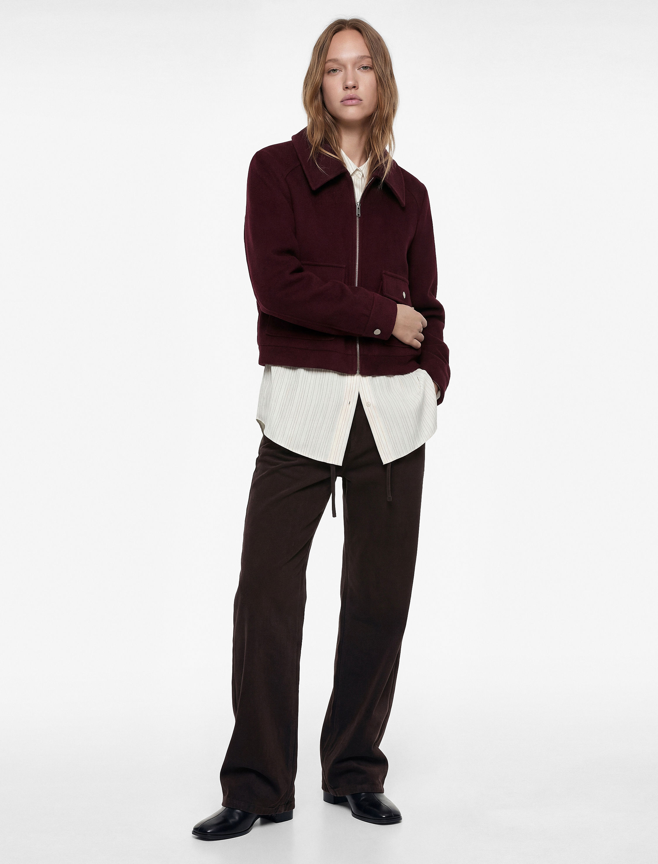   Uzun Kollu Klasik Yaka Cep Detaylı Oversize Fermuarlı Ceket