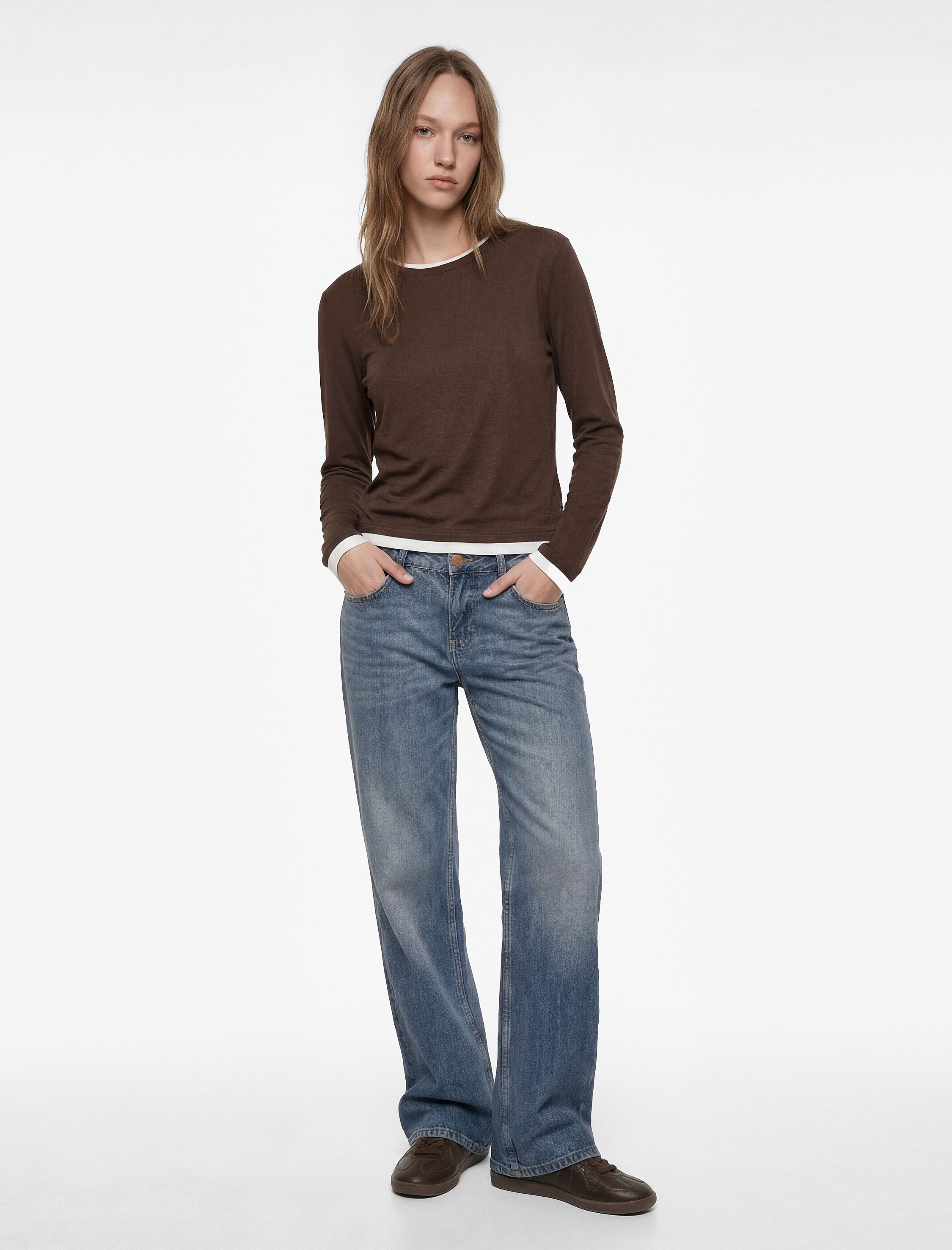   Bisiklet Yaka Biyeli Slim Fit Viskon Karışımlı Uzun Kollu Tişört