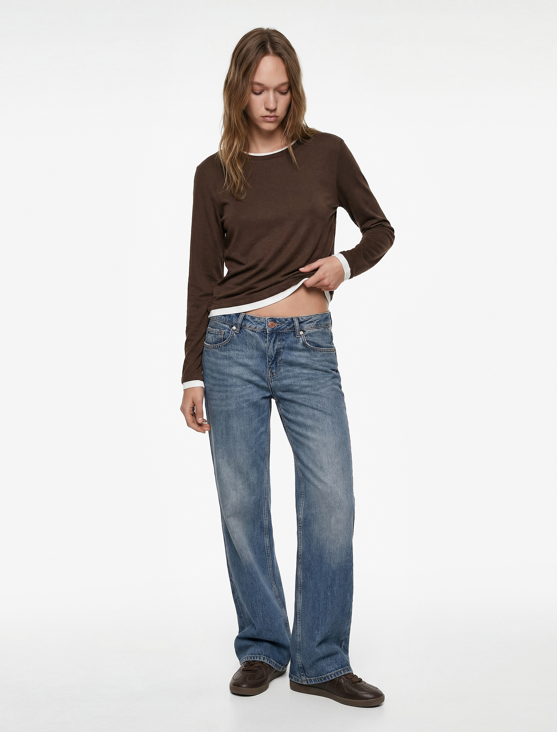   Bisiklet Yaka Biyeli Slim Fit Viskon Karışımlı Uzun Kollu Tişört