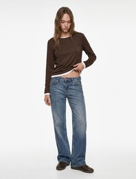 Bisiklet Yaka Biyeli Slim Fit Viskon Karışımlı Uzun Kollu Tişört