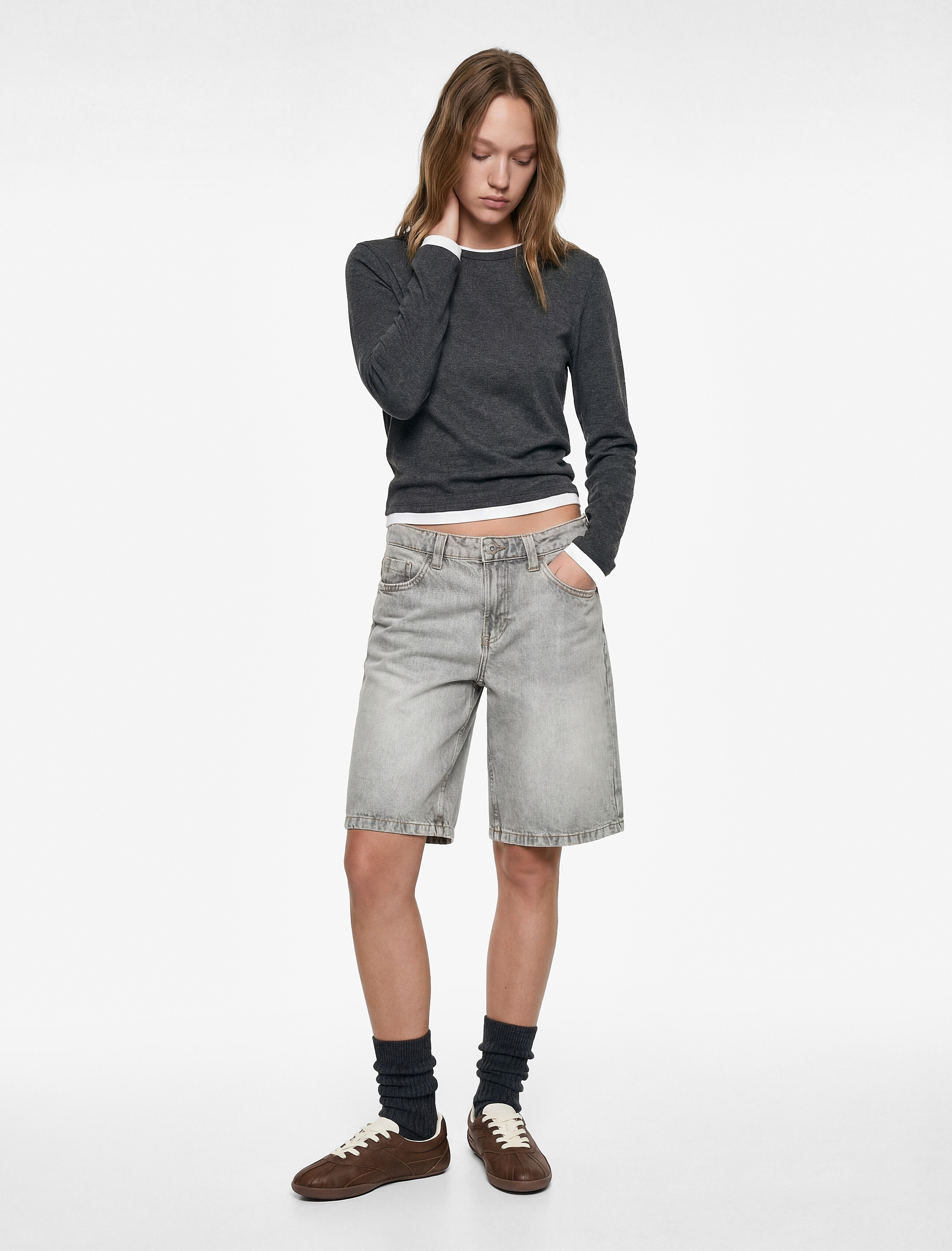   Bisiklet Yaka Biyeli Slim Fit Viskon Karışımlı Uzun Kollu Tişört