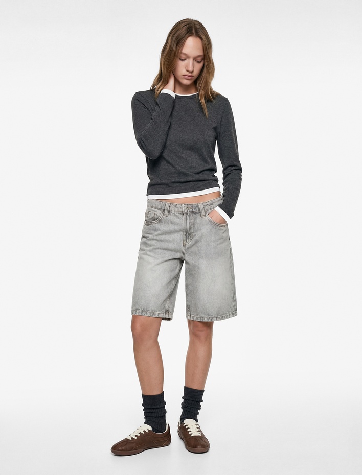  Bisiklet Yaka Biyeli Slim Fit Viskon Karışımlı Uzun Kollu Tişört