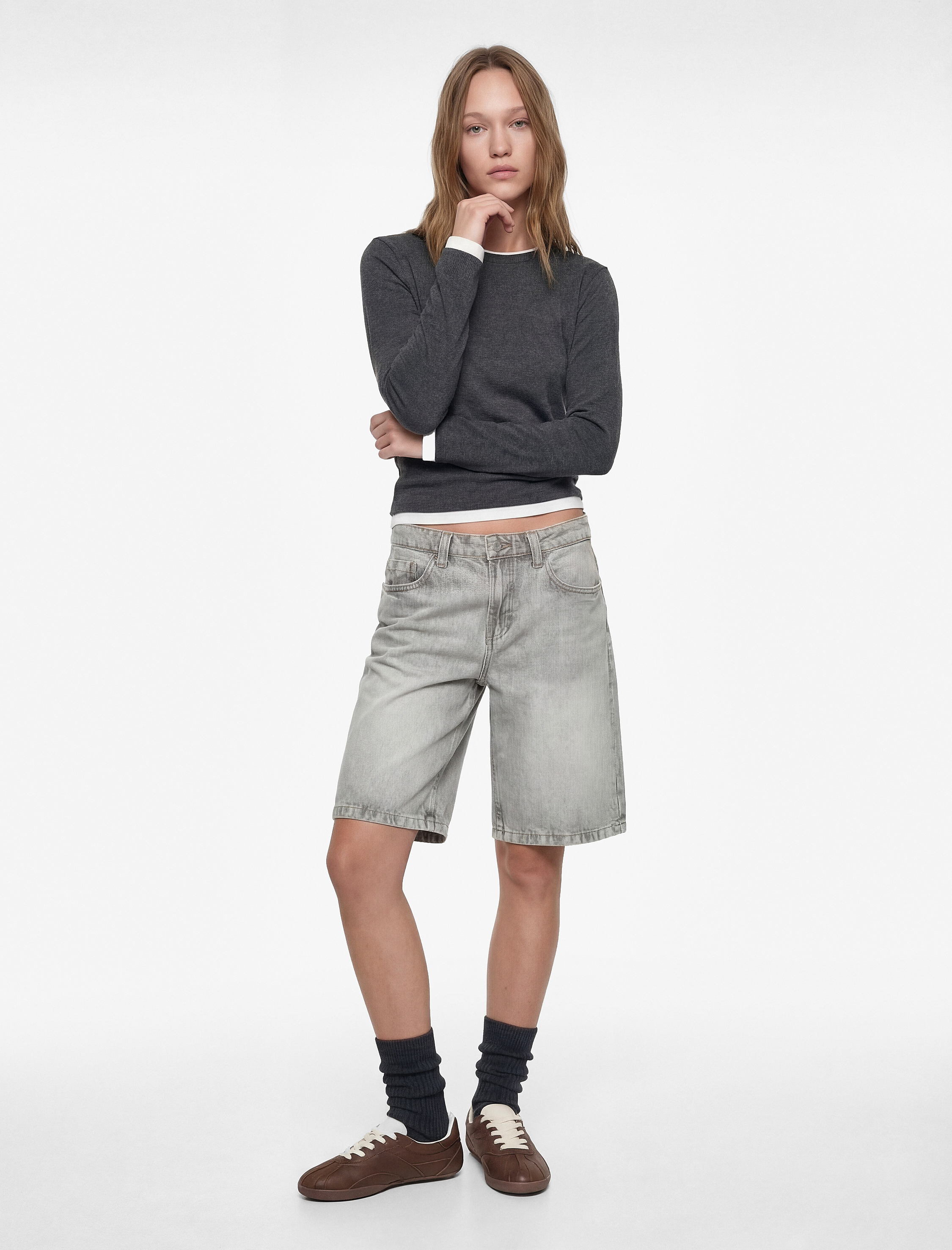   Bisiklet Yaka Biyeli Slim Fit Viskon Karışımlı Uzun Kollu Tişört