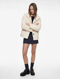 Uzun Kollu Kruvaze Yaka Düğmeli Cepli Buklet Kaban