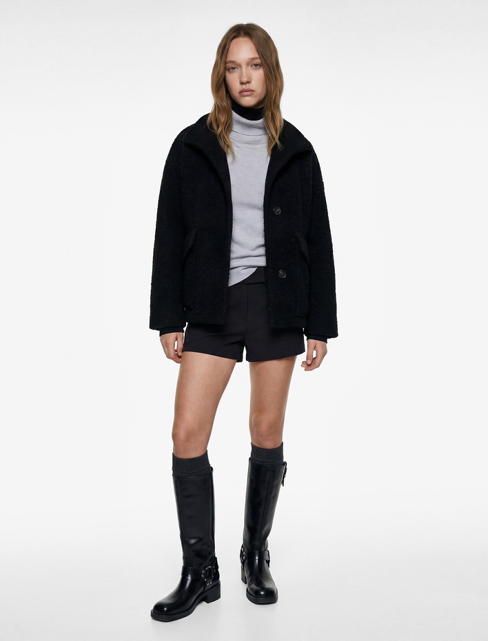  Uzun Kollu Kruvaze Yaka Düğmeli Cepli Buklet Kaban