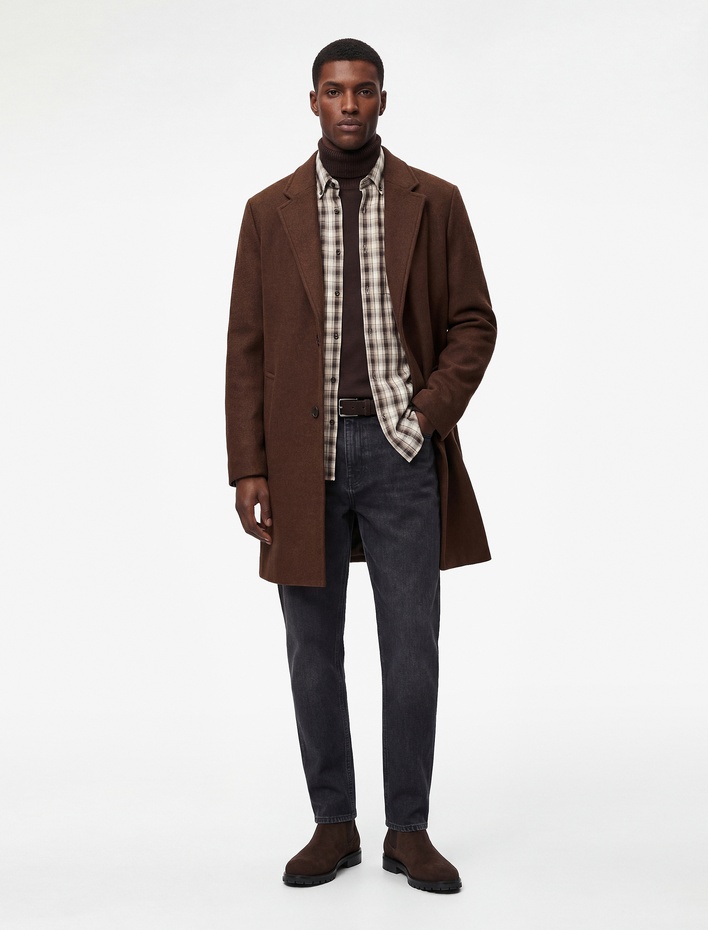  Regular Fit Cepli Mono Yaka Uzun Kaşe Kaban