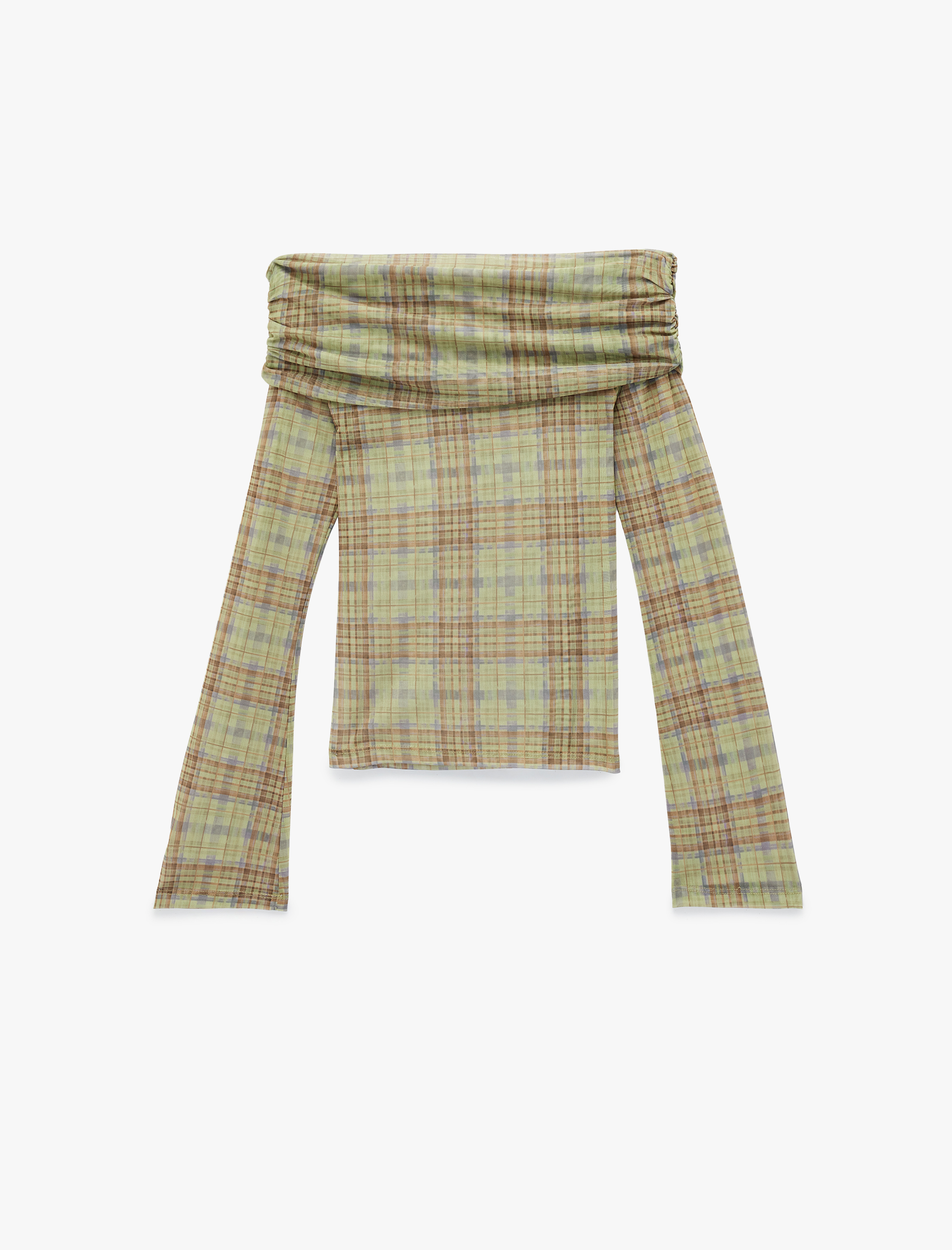   Uzun Kollu Slim Fit Omzu Açık Ekose Tişört