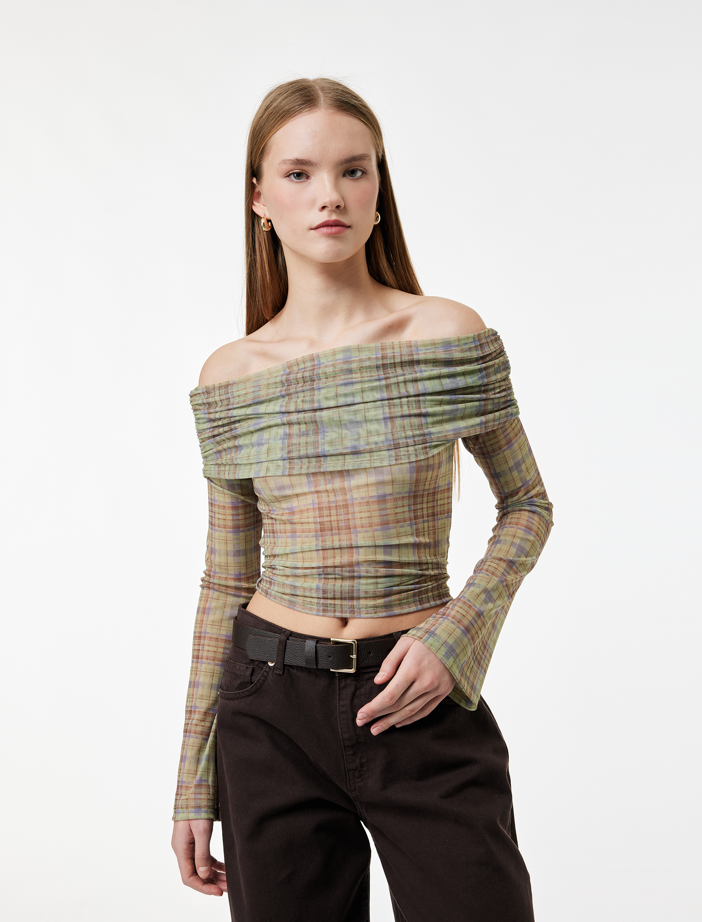   Uzun Kollu Slim Fit Omzu Açık Ekose Tişört