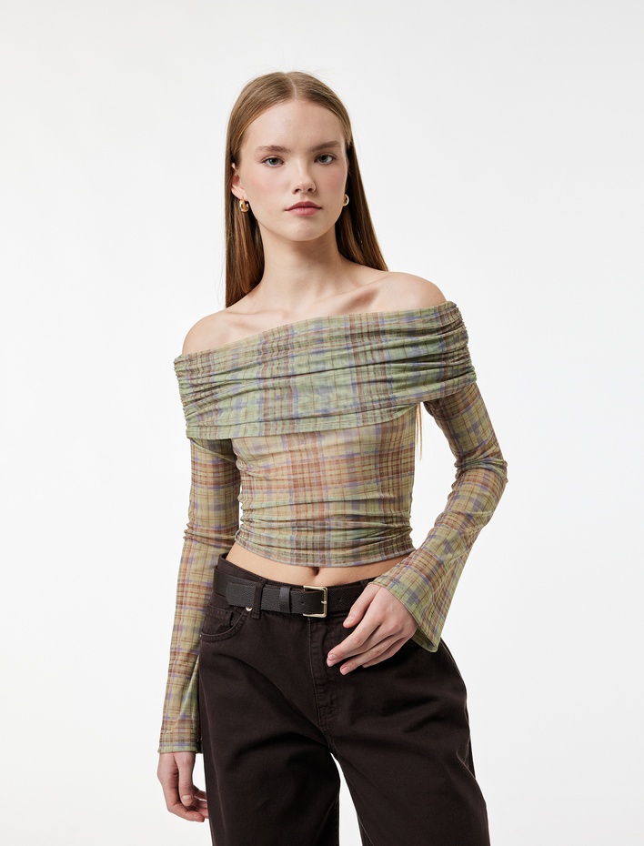  Uzun Kollu Slim Fit Omzu Açık Ekose Tişört