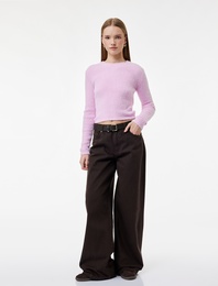 Uzun Kollu Bisiklet Yaka Slim Fit Dokulu Triko Crop Kazak