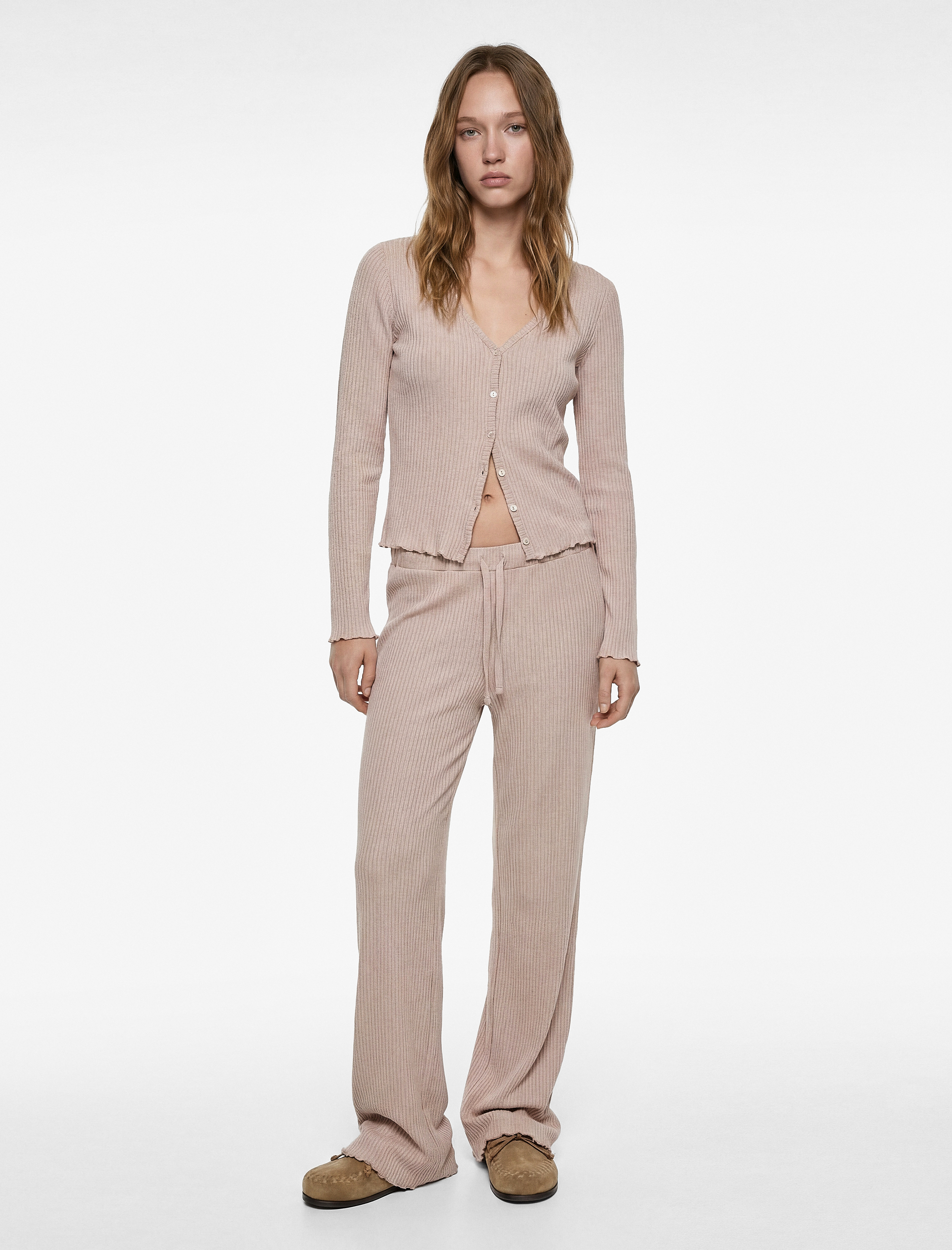   V Yaka Uzun Kollu Düğmeli Triko Pijama Üstü