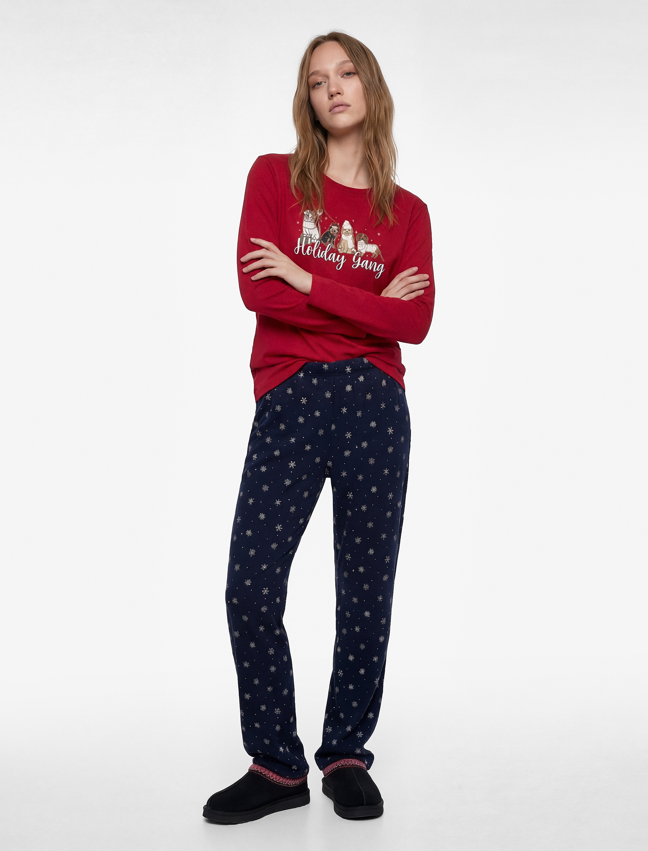   Rahat Kalıp Uzun Kollu Bisiklet Yaka Pamuklu Yılbaşı Pijama Takımı