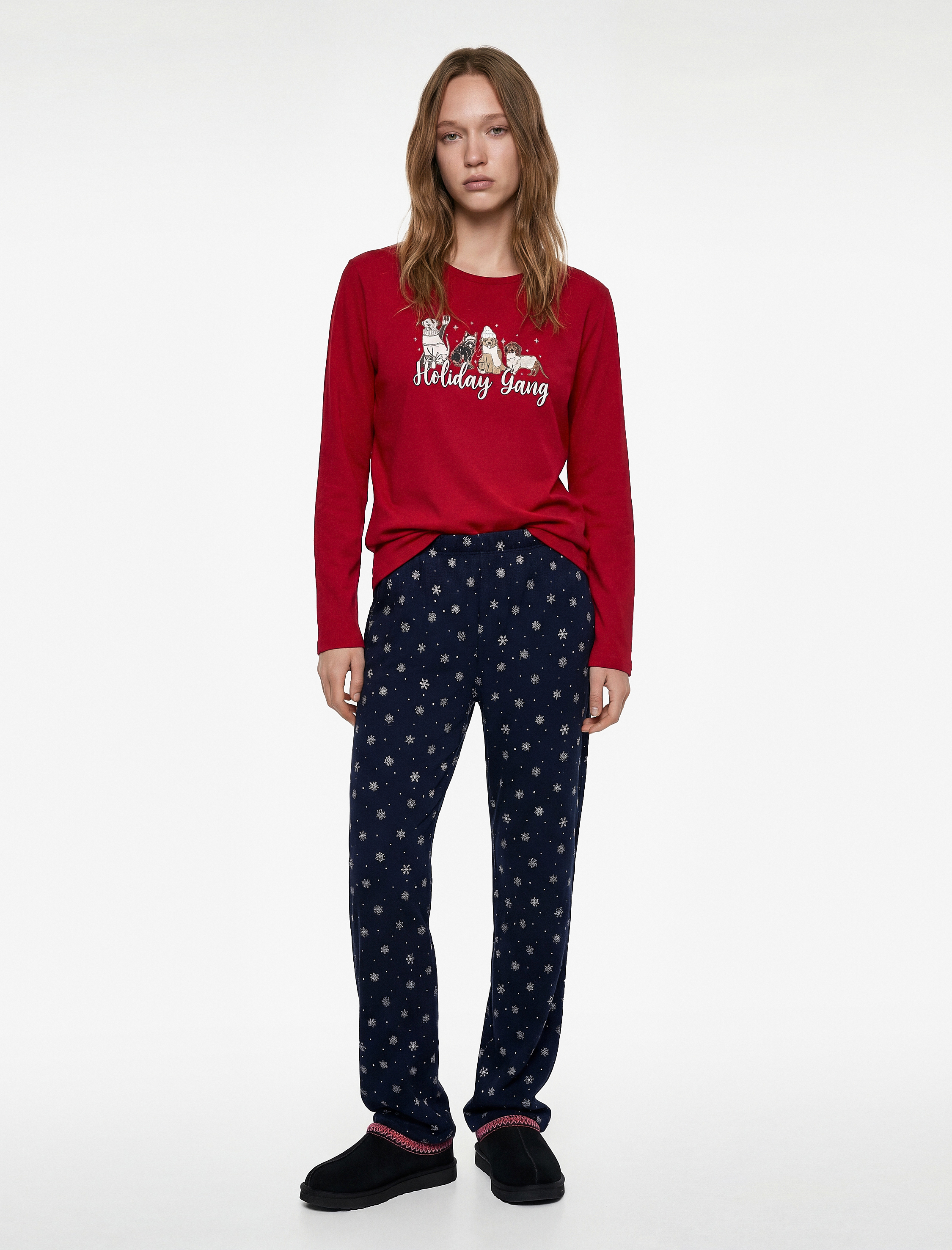   Rahat Kalıp Uzun Kollu Bisiklet Yaka Pamuklu Yılbaşı Pijama Takımı