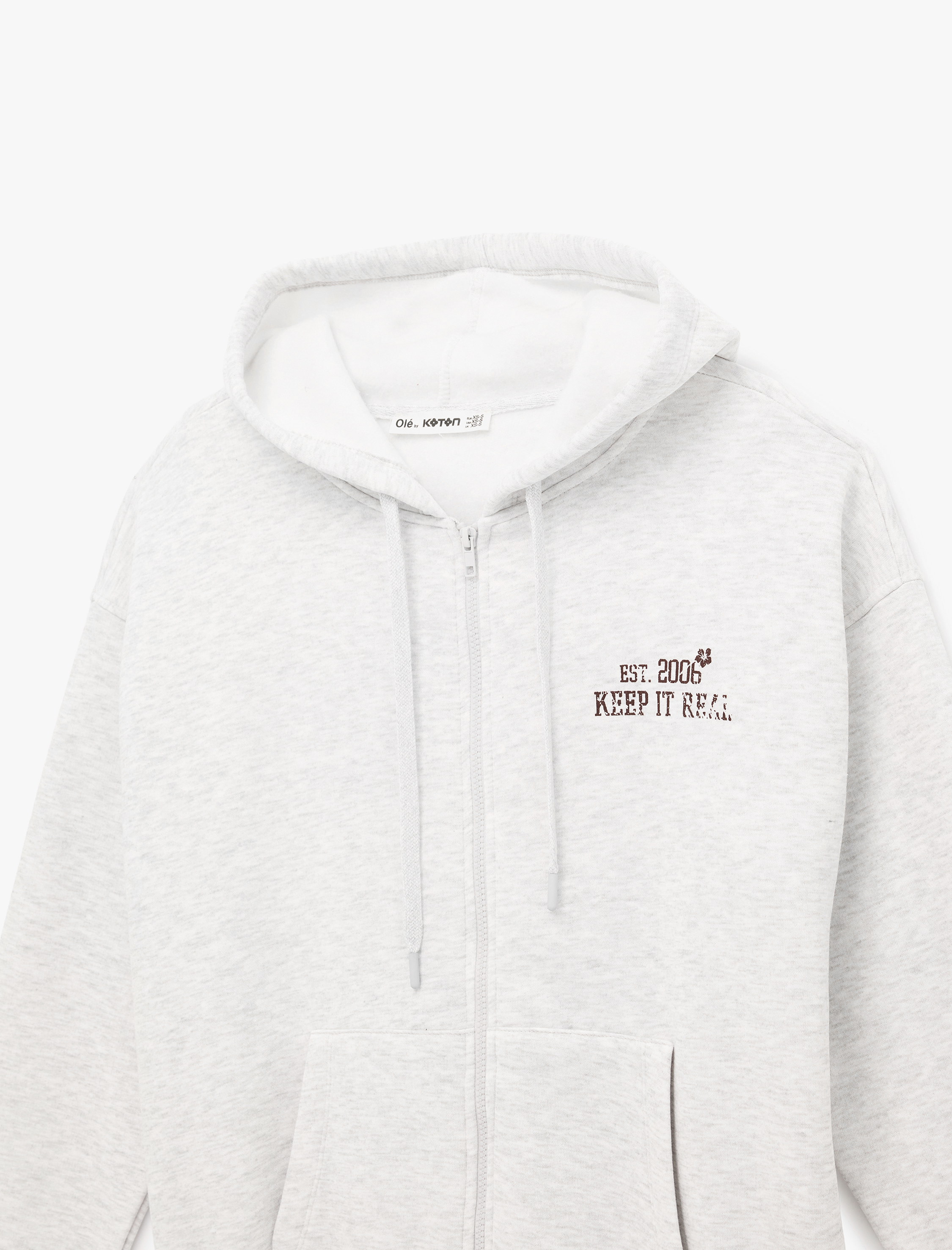   Şardonlu Rahat Kalıp Cepli Uzun Kollu Fermuarlı Arkası Baskılı Kapüşonlu Sweatshirt