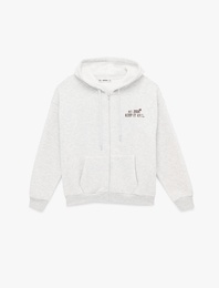 Şardonlu Rahat Kalıp Cepli Uzun Kollu Fermuarlı Arkası Baskılı Kapüşonlu Sweatshirt