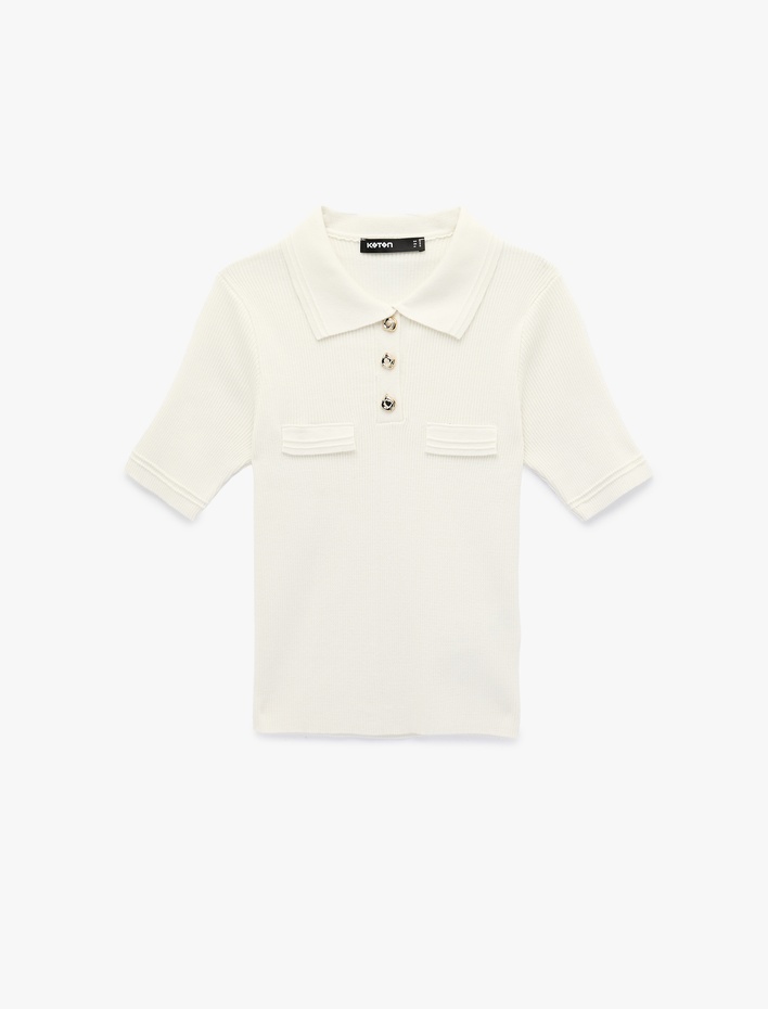  Slim Fit Yarım Düğme Detaylı Kısa Kollu Polo Yaka Triko Kazak