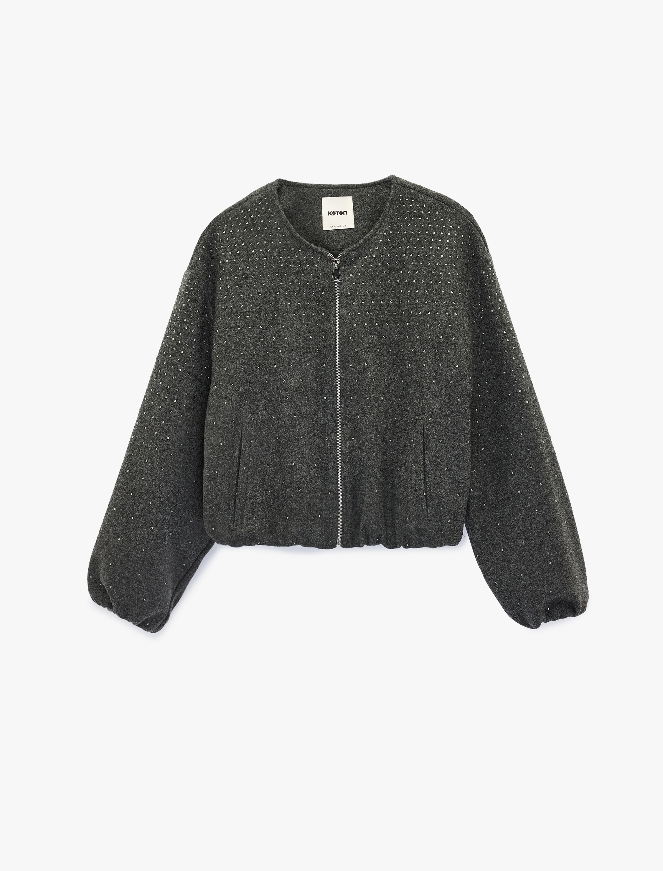   Cepli Uzun Kollu Bisiklet Yaka Crop Taşlı Kaşe Bomber Ceket