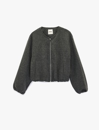 Cepli Uzun Kollu Bisiklet Yaka Crop Taşlı Kaşe Bomber Ceket