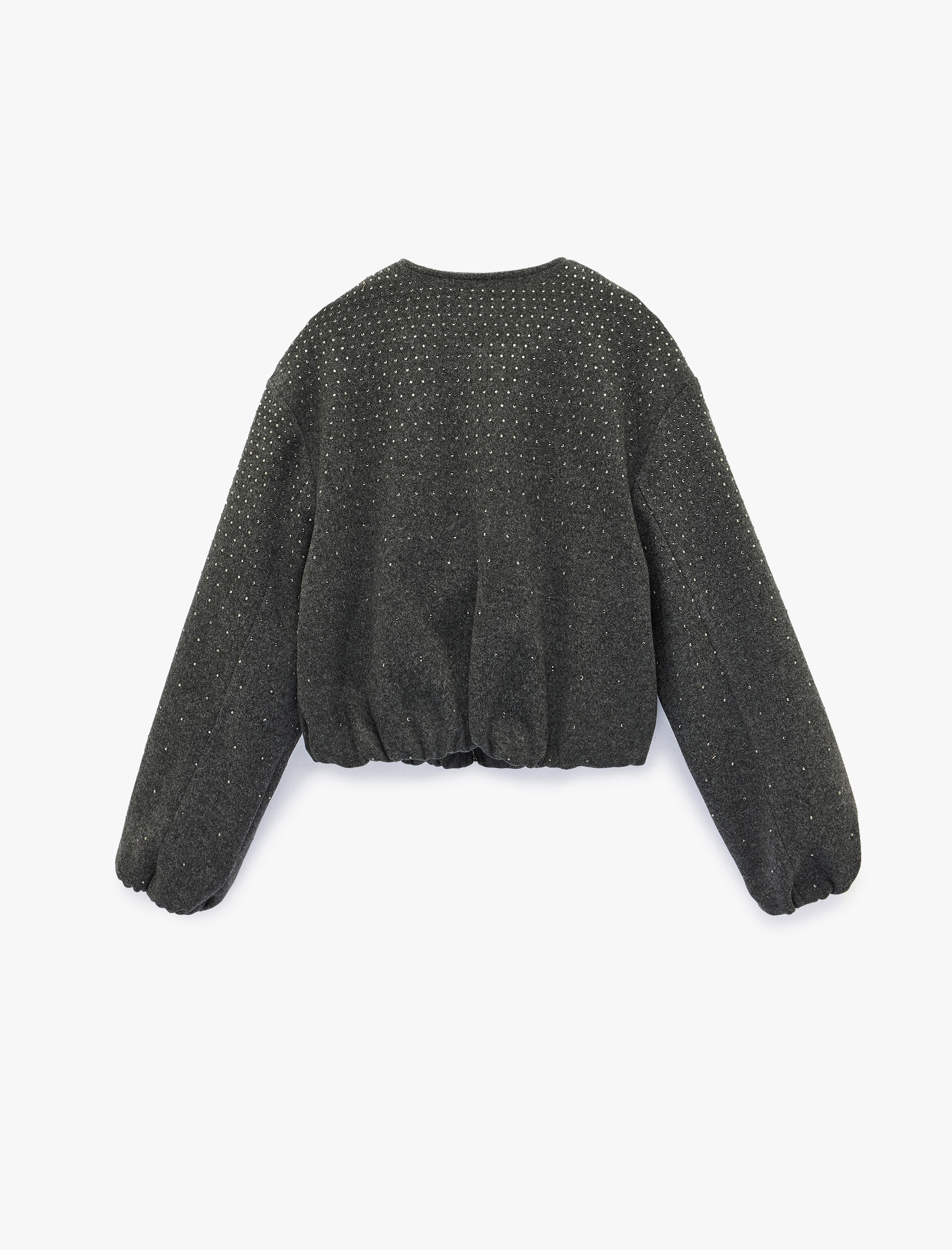   Cepli Uzun Kollu Bisiklet Yaka Crop Taşlı Kaşe Bomber Ceket