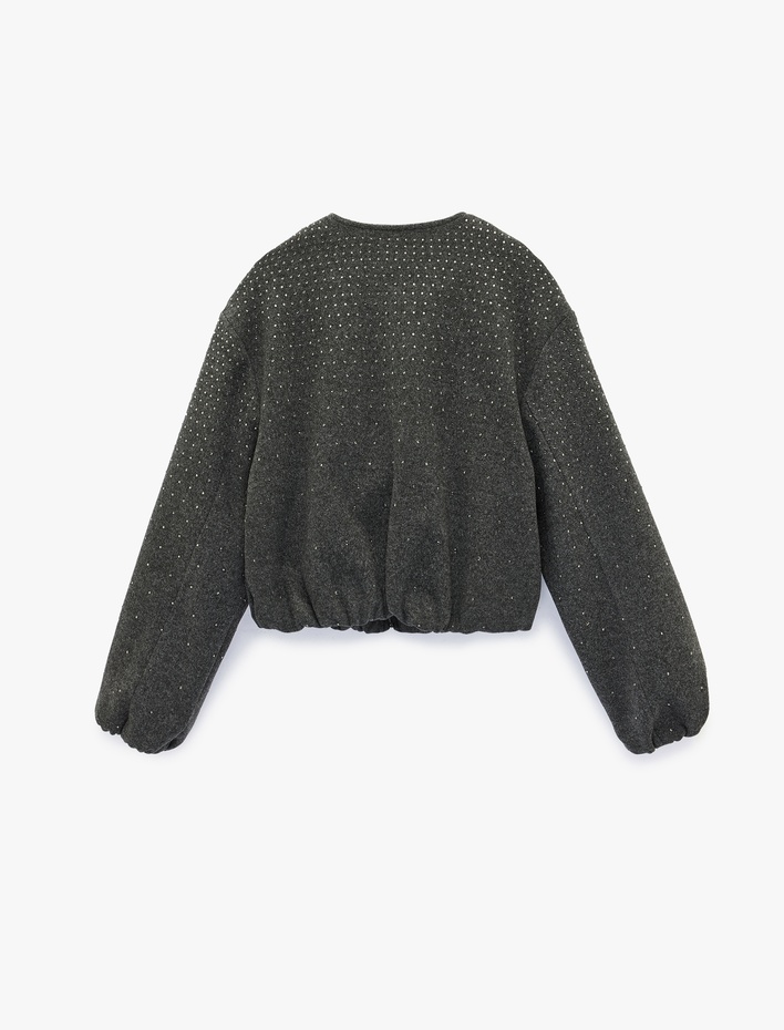  Cepli Uzun Kollu Bisiklet Yaka Crop Taşlı Kaşe Bomber Ceket