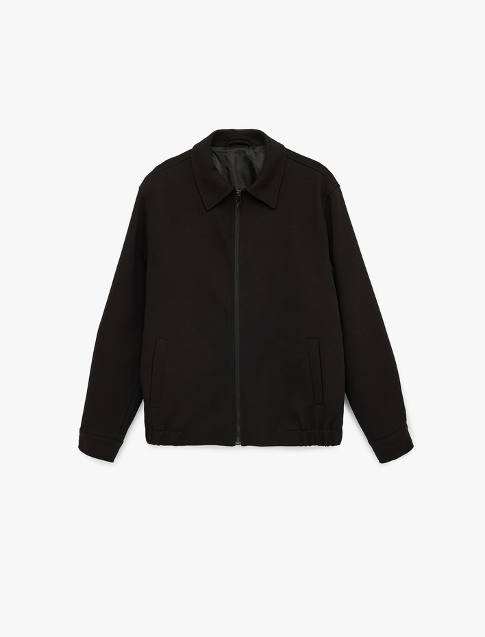  Regular Fit Uzun Kollu Cepli Gömlek Yaka Fermuarlı Bomber Ceket