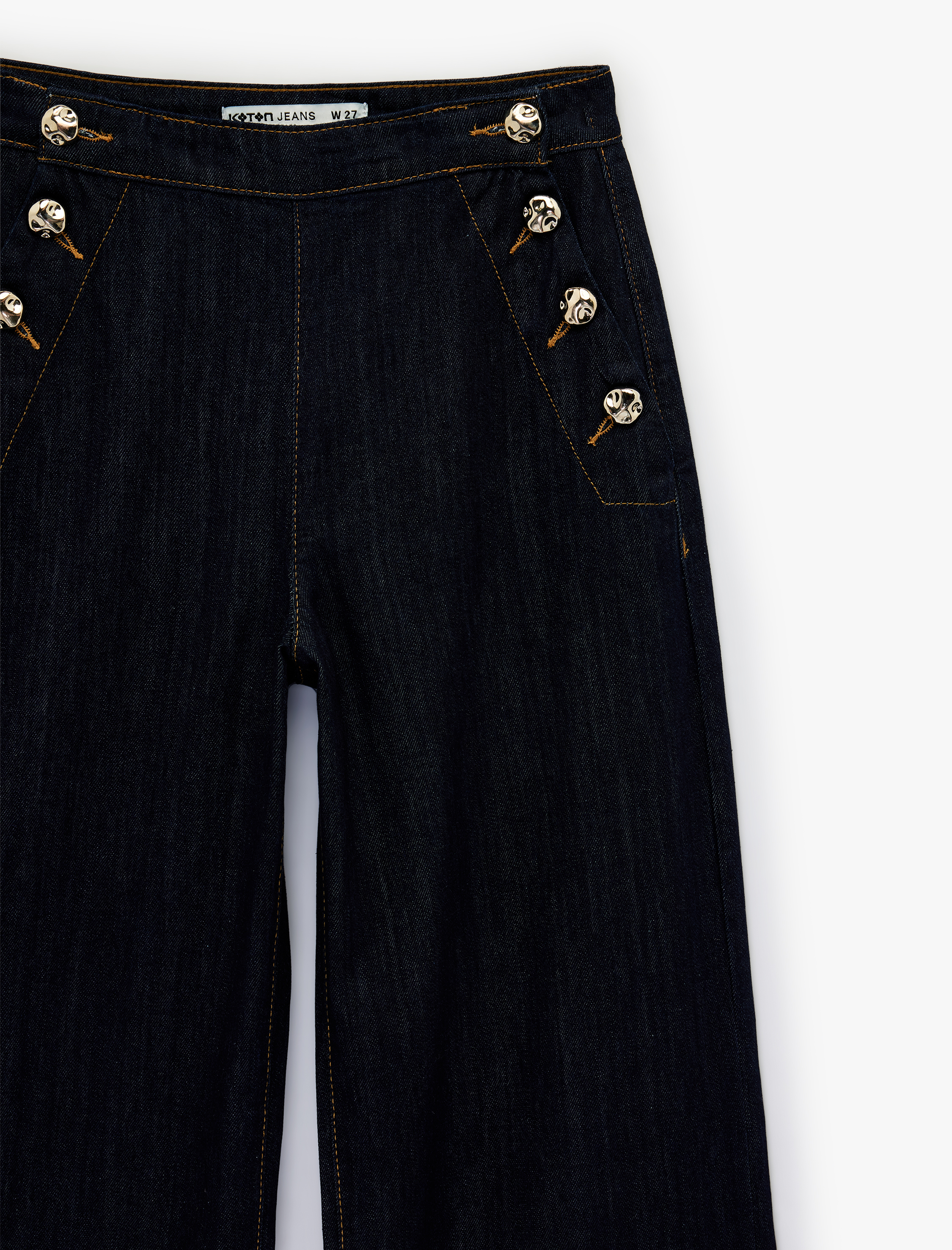   Düğme Detaylı Cepli Geniş Paça Denim Pantolon -  Wide Leg Jeans