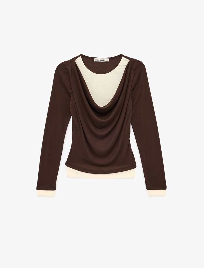  Slim Fit Uzun Kollu Renk Kontrastlı Degaje Yaka Tişört