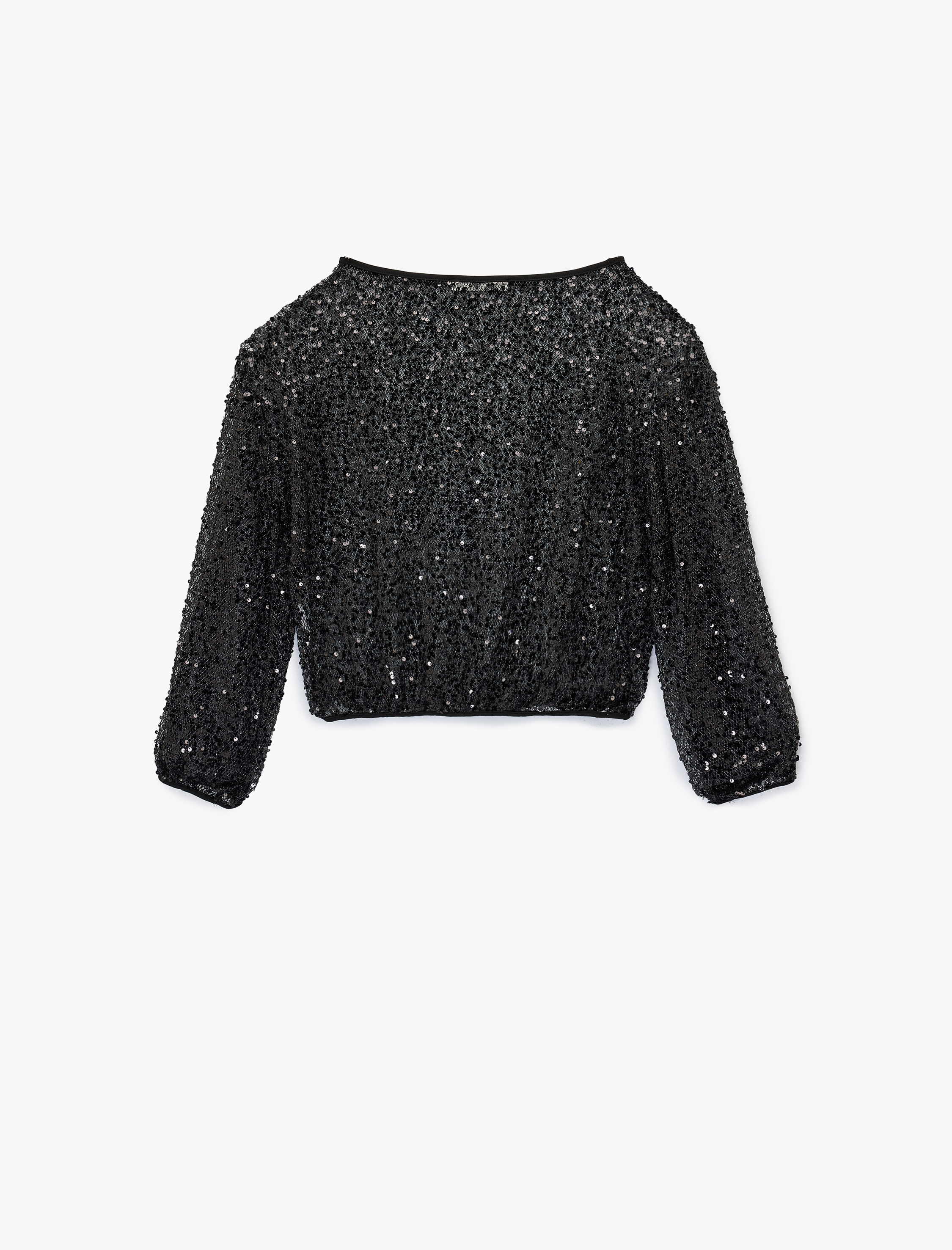   Kayık Yuvarlak Yaka Uzun Kollu Pullu Payetli Bluz