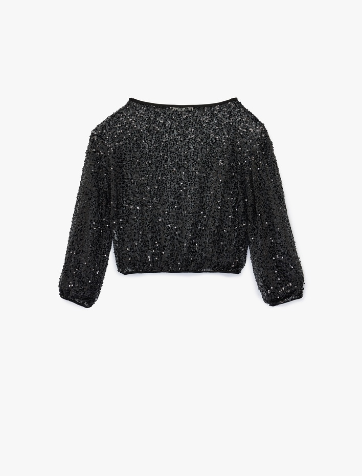  Kayık Yuvarlak Yaka Uzun Kollu Pullu Payetli Bluz