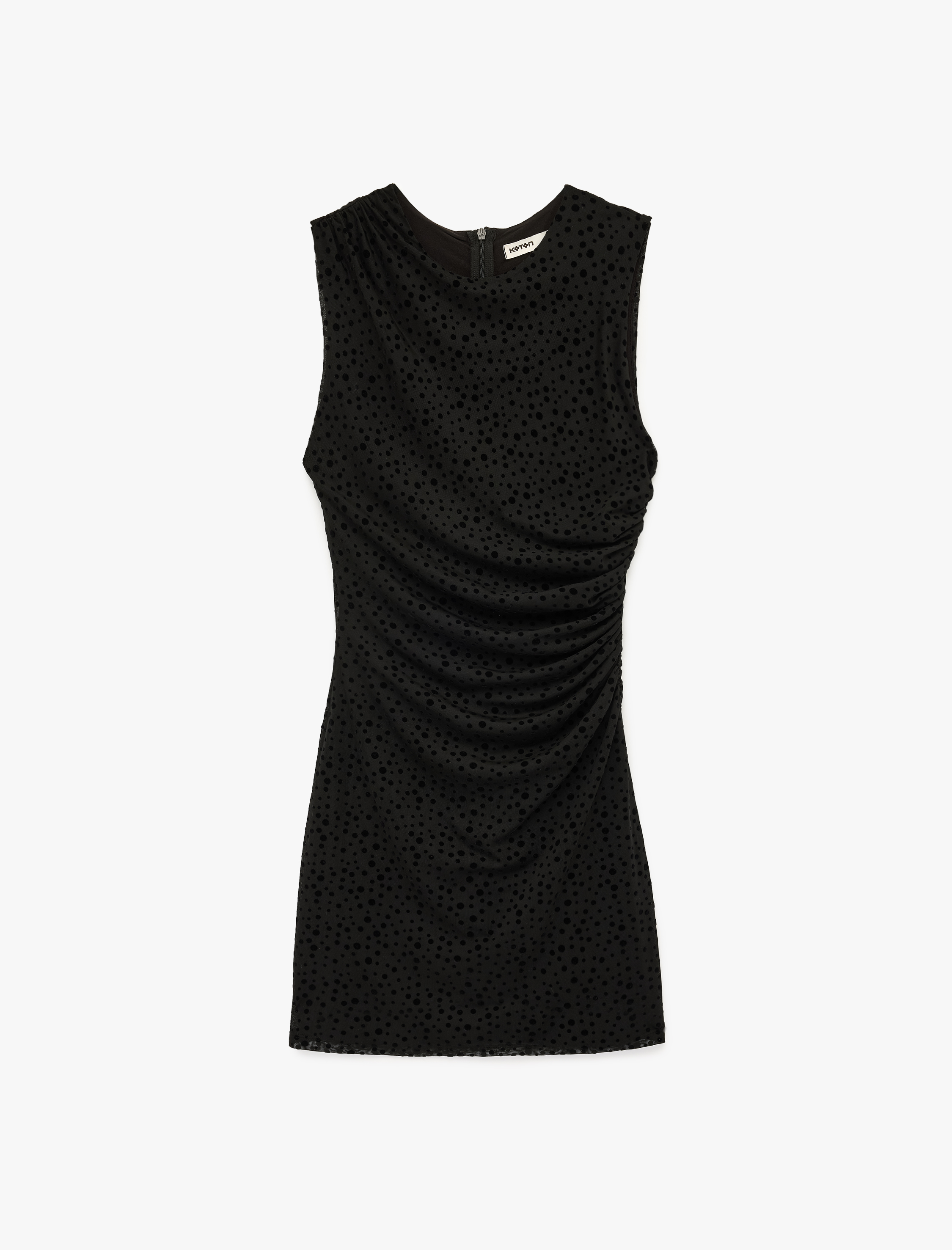   Slim Fit Kolsuz Drapeli Bisiklet Yaka Puantiyeli Mini Tül Elbise