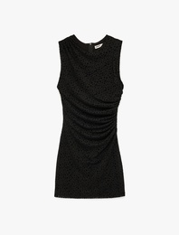 Slim Fit Kolsuz Drapeli Bisiklet Yaka Puantiyeli Mini Tül Elbise