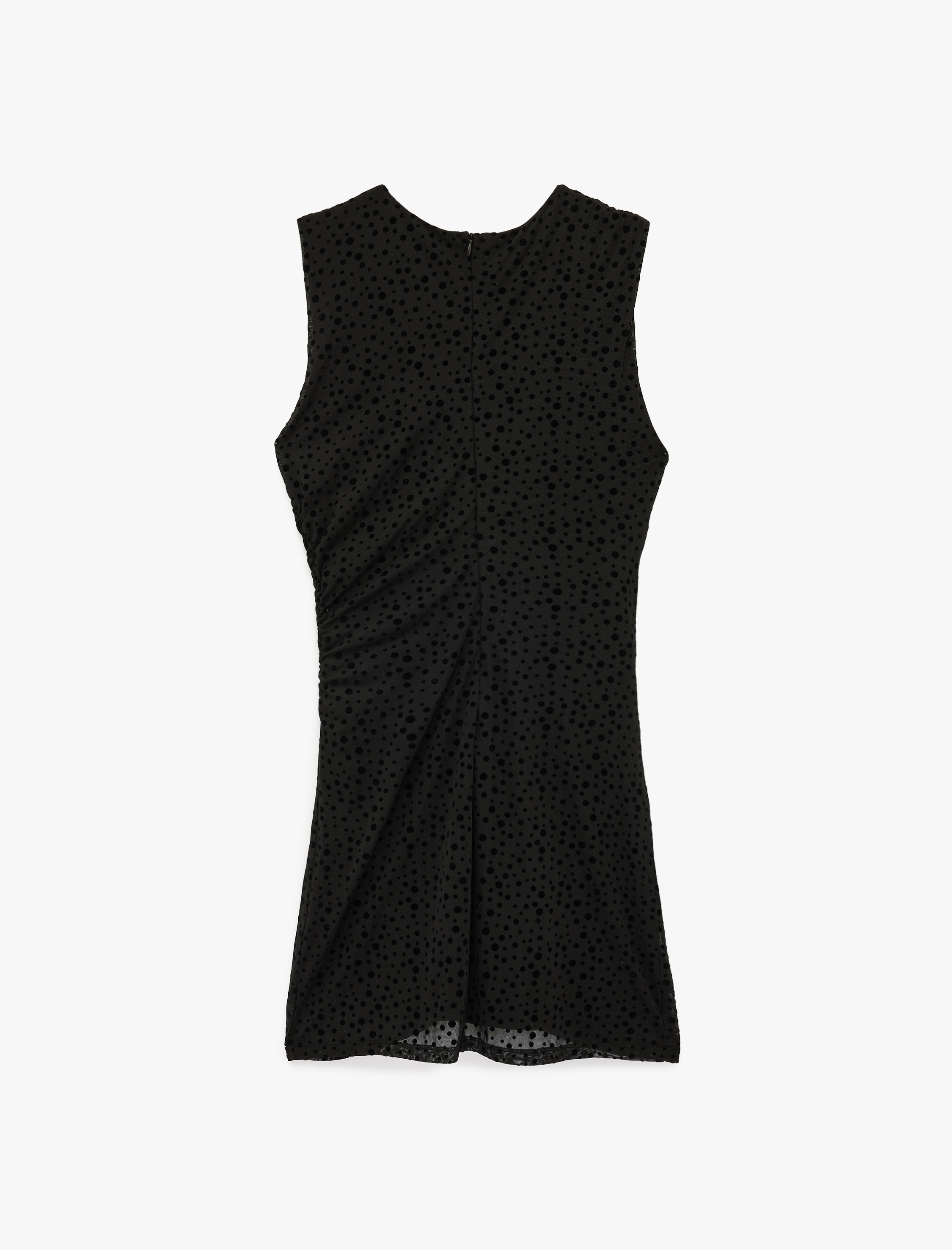   Slim Fit Kolsuz Drapeli Bisiklet Yaka Puantiyeli Mini Tül Elbise