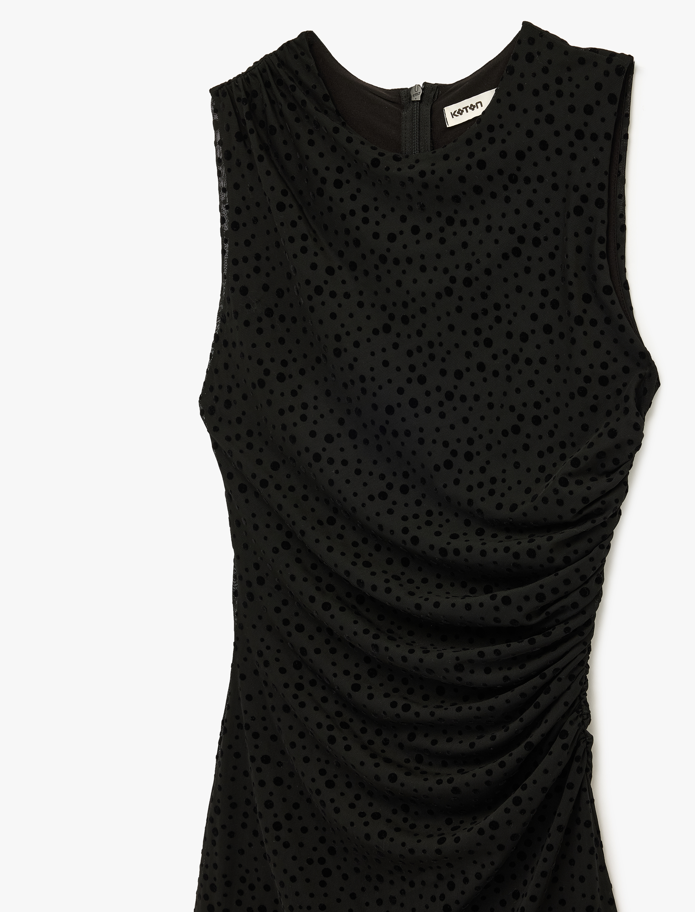   Slim Fit Kolsuz Drapeli Bisiklet Yaka Puantiyeli Mini Tül Elbise