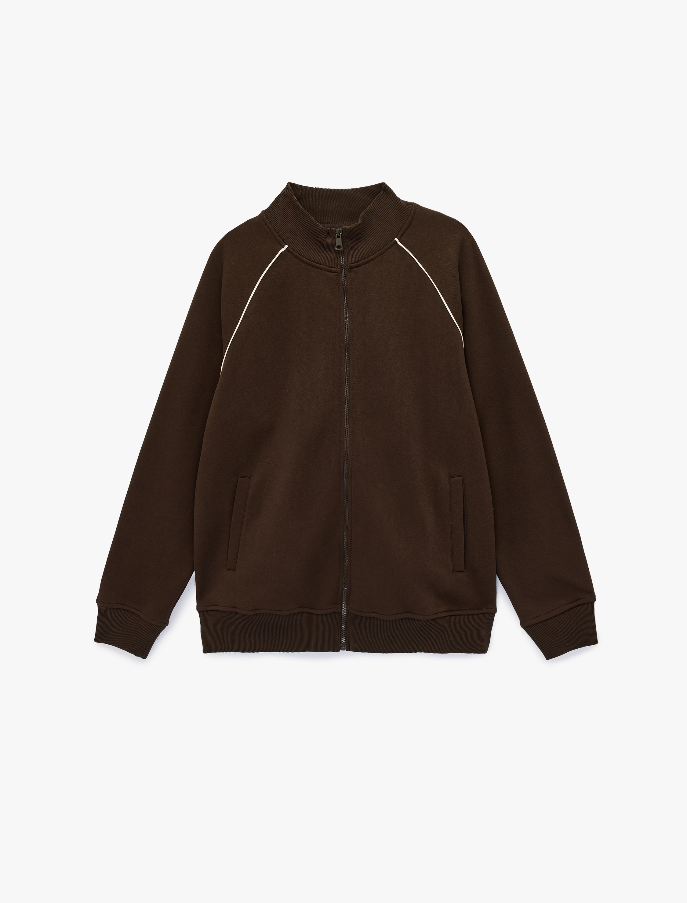   Şardonlu Uzun Kollu Dik Yaka Tam Fermuarlı Sweatshirt