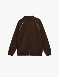 Şardonlu Uzun Kollu Dik Yaka Tam Fermuarlı Sweatshirt