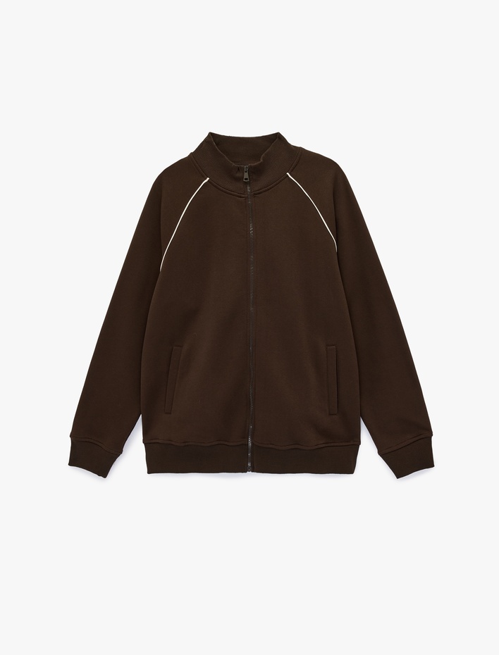  Şardonlu Uzun Kollu Dik Yaka Tam Fermuarlı Sweatshirt